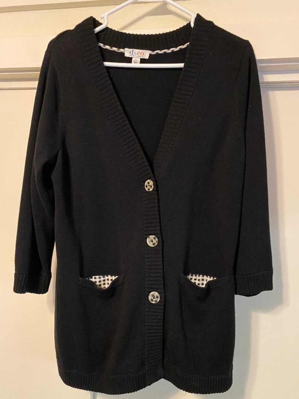 Denim & Co., black cardigan w/checkered buttons, size M